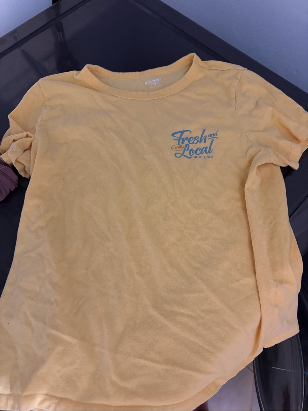 Old Navy Yellow Short Sleeve Tee with Blue 'Fresh and Local' Chest Graphic